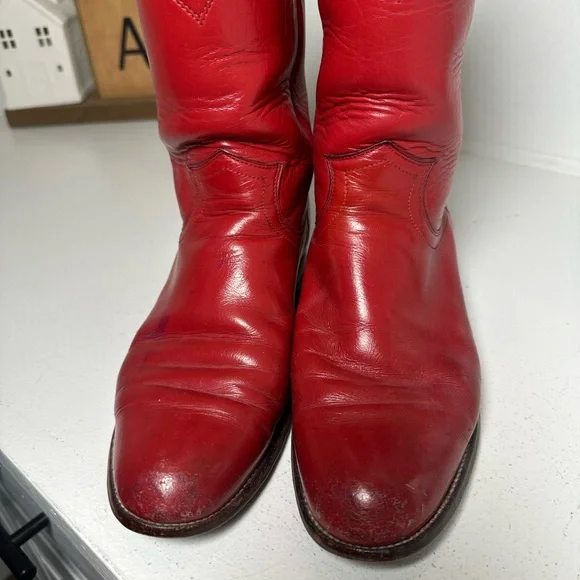 Justin Vintage Cherry Red Leather Western Boots Women's 6.5B Cowboy Boots USA - Picture 3 of 9